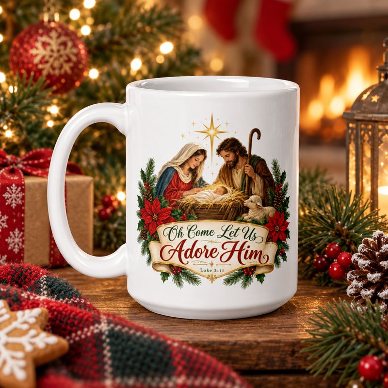 White Christian Christmas mug with Mary, Joseph, baby Jesus, and “Oh Come Let Us Adore Him” Luke 2:11 design in a festive fir