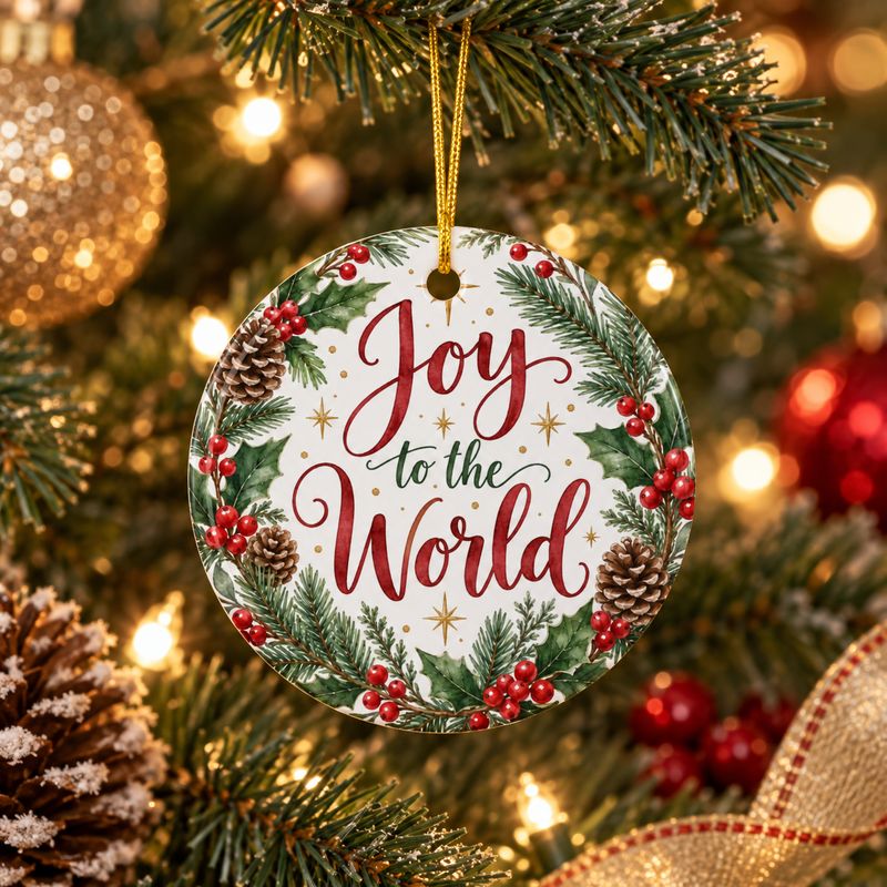 Joy to the World ceramic Christmas ornament hanging on a decorated Christmas tree with warm lights, greenery, and festive hol