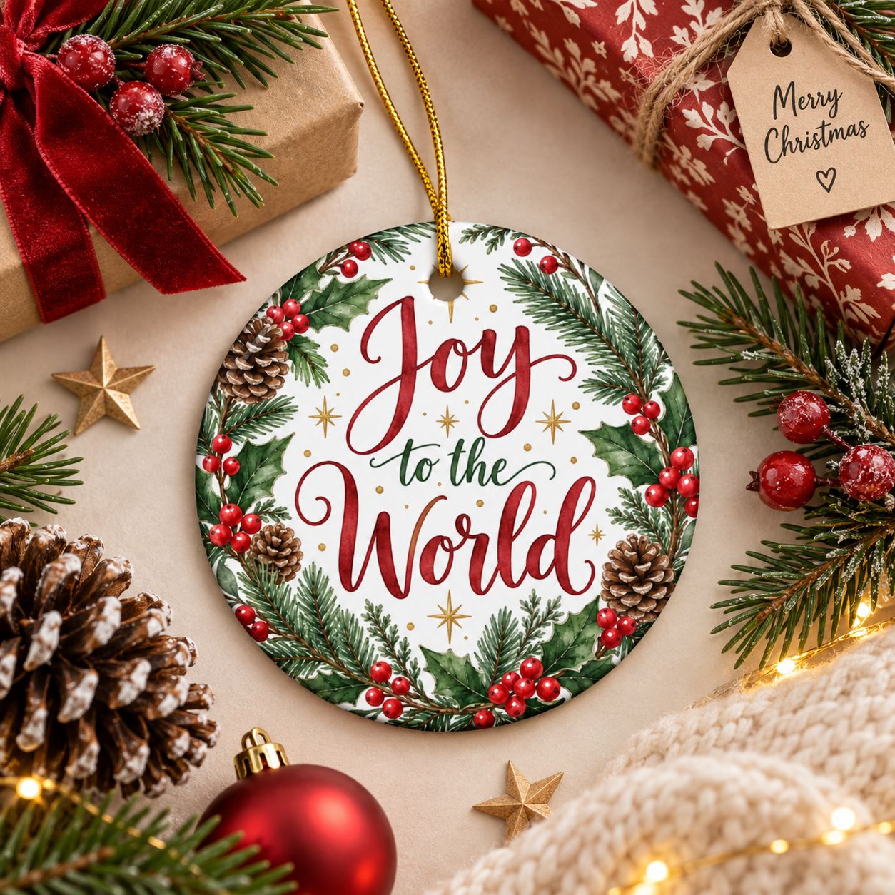 Joy to the World ceramic Christmas ornament styled with wrapped Christmas gifts, evergreen branches, red berries, pinecones, 