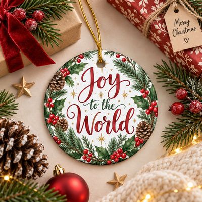 Joy to the World ceramic Christmas ornament styled with wrapped Christmas gifts, evergreen branches, red berries, pinecones, 