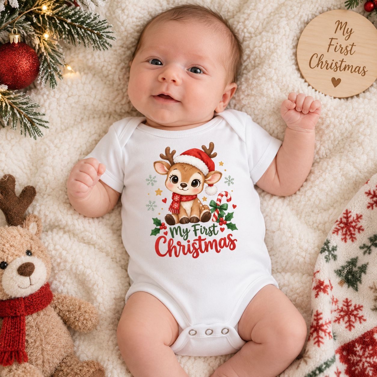 Newborn baby wearing white My First Christmas bodysuit with cute reindeer holiday design, candy cane, holly, and festive Chri