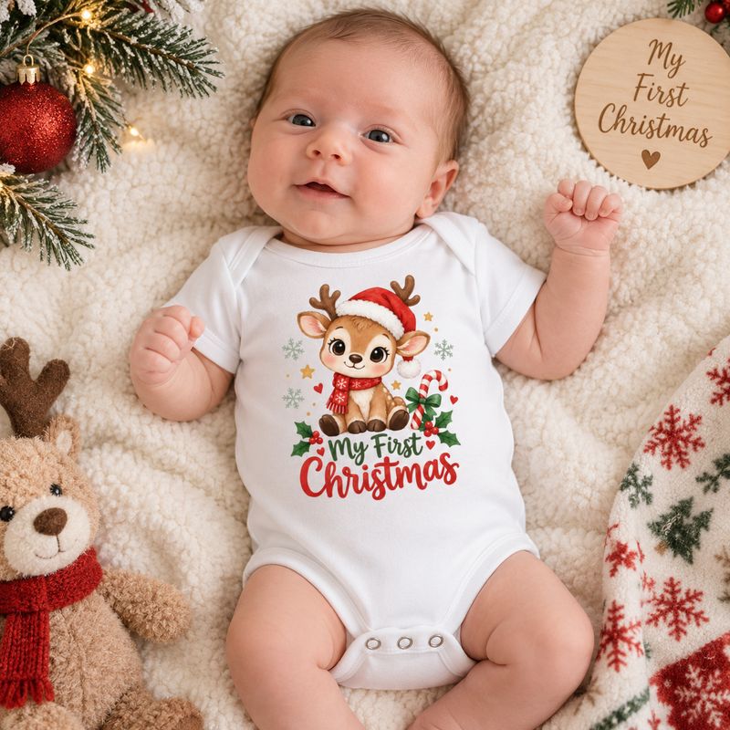 Newborn baby wearing white My First Christmas bodysuit with cute reindeer holiday design, candy cane, holly, and festive Chri