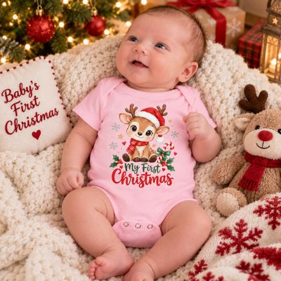 Newborn baby wearing pink My First Christmas bodysuit with cute reindeer Christmas design in a cozy holiday setting with fest