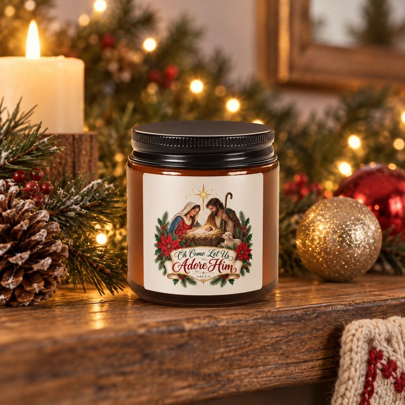Christian Nativity Christmas soy candle in amber glass displayed on a festive mantel with evergreen, ornaments, pinecones, an