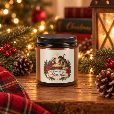 Oh Come Let Us Adore Him Nativity Christmas candle displayed with evergreen branches, red berries, pinecones, plaid fabric, a