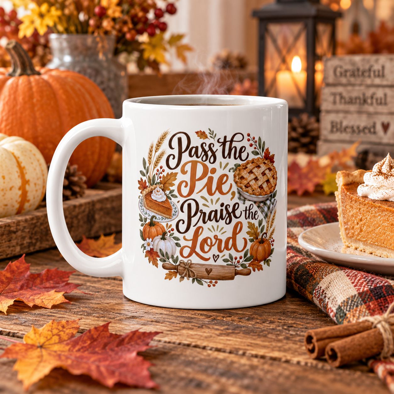 White ceramic fall mug with “Pass the Pie, Praise the Lord” design styled in a cozy autumn setting with seasonal decor