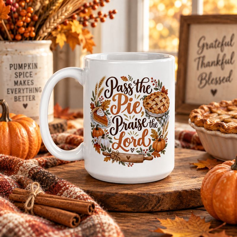 Christian Thanksgiving mug with “Pass the Pie, Praise the Lord” design displayed in a warm fall vignette with rustic autumn a