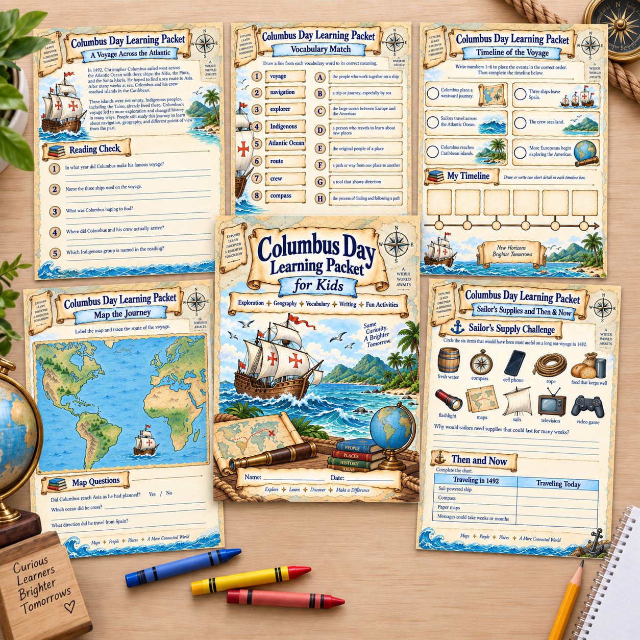 Columbus Day Learning Packet for Kids with printable reading, vocabulary, timeline, map, and sailor activities displayed on a