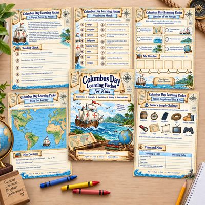 Columbus Day Learning Packet for Kids with printable reading, vocabulary, timeline, map, and sailor activities displayed on a
