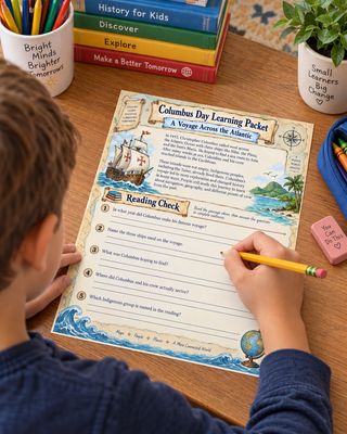 Child completing a Columbus Day reading comprehension worksheet from a printable history learning packet for elementary stude