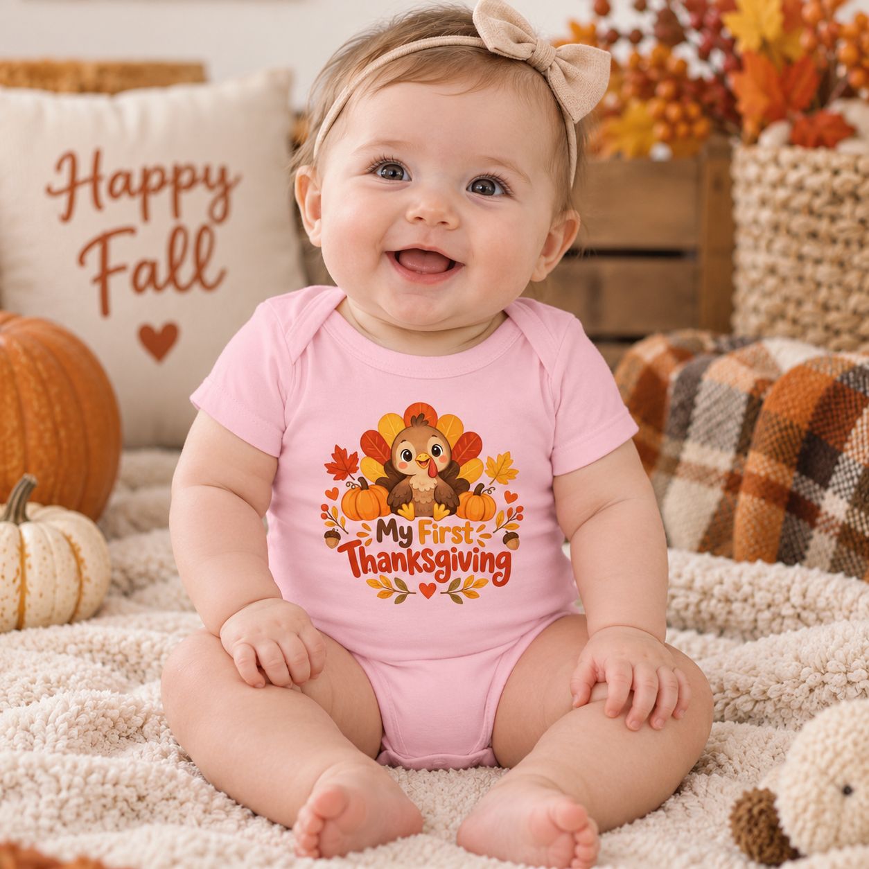 Smiling baby girl wearing a pink My First Thanksgiving turkey bodysuit in a cozy fall setting with pumpkins.