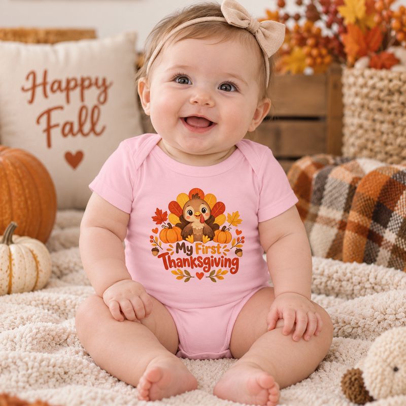 Smiling baby girl wearing a pink My First Thanksgiving turkey bodysuit in a cozy fall setting with pumpkins.