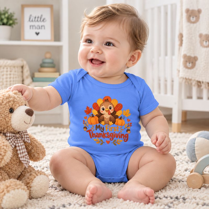 Smiling baby boy wearing a blue My First Thanksgiving turkey bodysuit in a bright nursery with teddy bear.