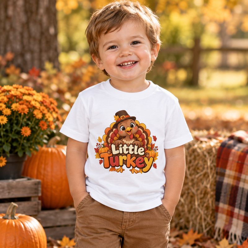 Smiling toddler boy wearing a white Little Turkey Thanksgiving T-shirt outdoors in a fall setting with pumpkins and autumn le