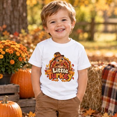 Smiling toddler boy wearing a white Little Turkey Thanksgiving T-shirt outdoors in a fall setting with pumpkins and autumn le