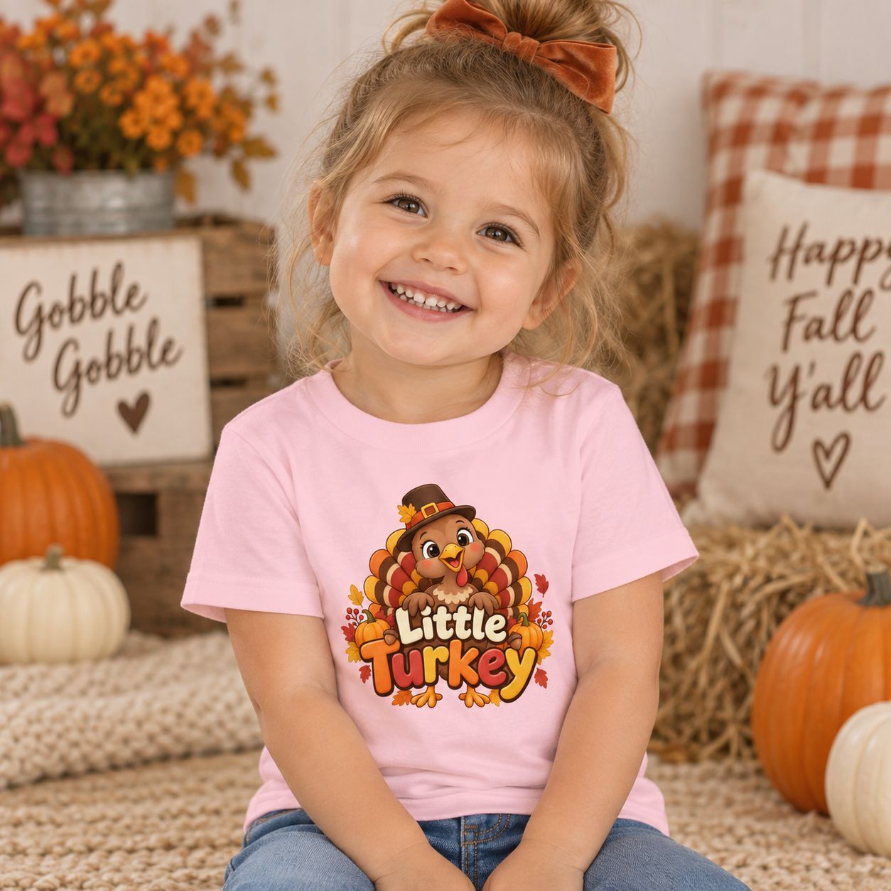 Smiling toddler girl wearing a pink Little Turkey Thanksgiving T-shirt in an autumn setting with pumpkins and fall decor.