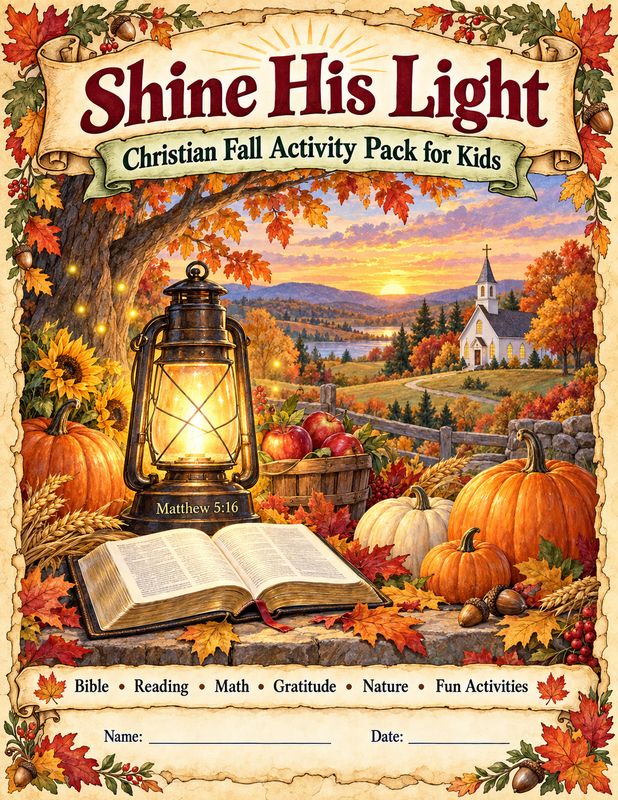 Shine His Light Christian Fall Activity Pack for Kids cover featuring a glowing lantern, open Bible, pumpkins, autumn leaves,
