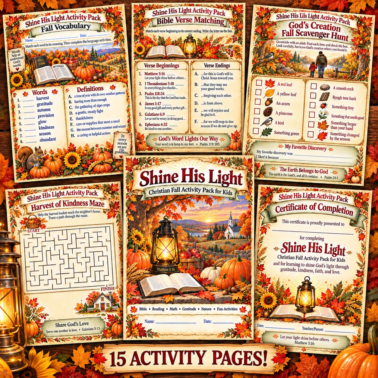 Shine His Light Christian Fall Activity Pack for Kids with 15 printable Bible, reading, math, vocabulary, nature, and faith-b