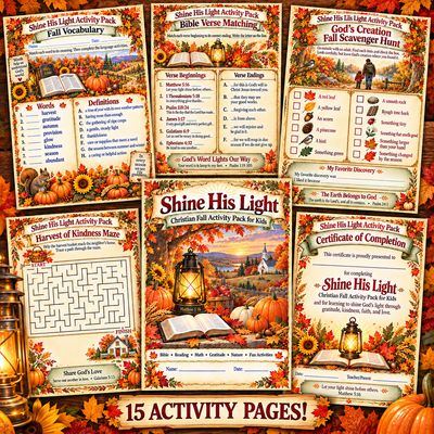 Shine His Light Christian Fall Activity Pack for Kids with 15 printable Bible, reading, math, vocabulary, nature, and faith-b