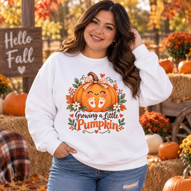 Latina woman wearing white Growing a Little Pumpkin fall pregnancy sweatshirt surrounded by pumpkins, hay bales, and autumn d