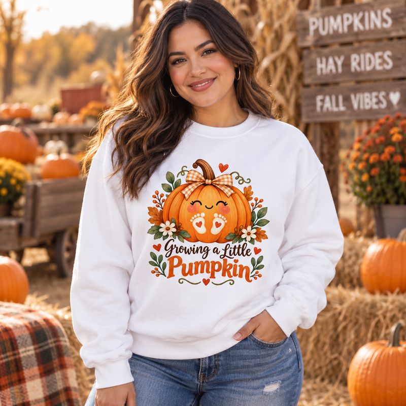 Woman wearing white Growing a Little Pumpkin pregnancy sweatshirt at a fall pumpkin patch with hay bales and seasonal decor.