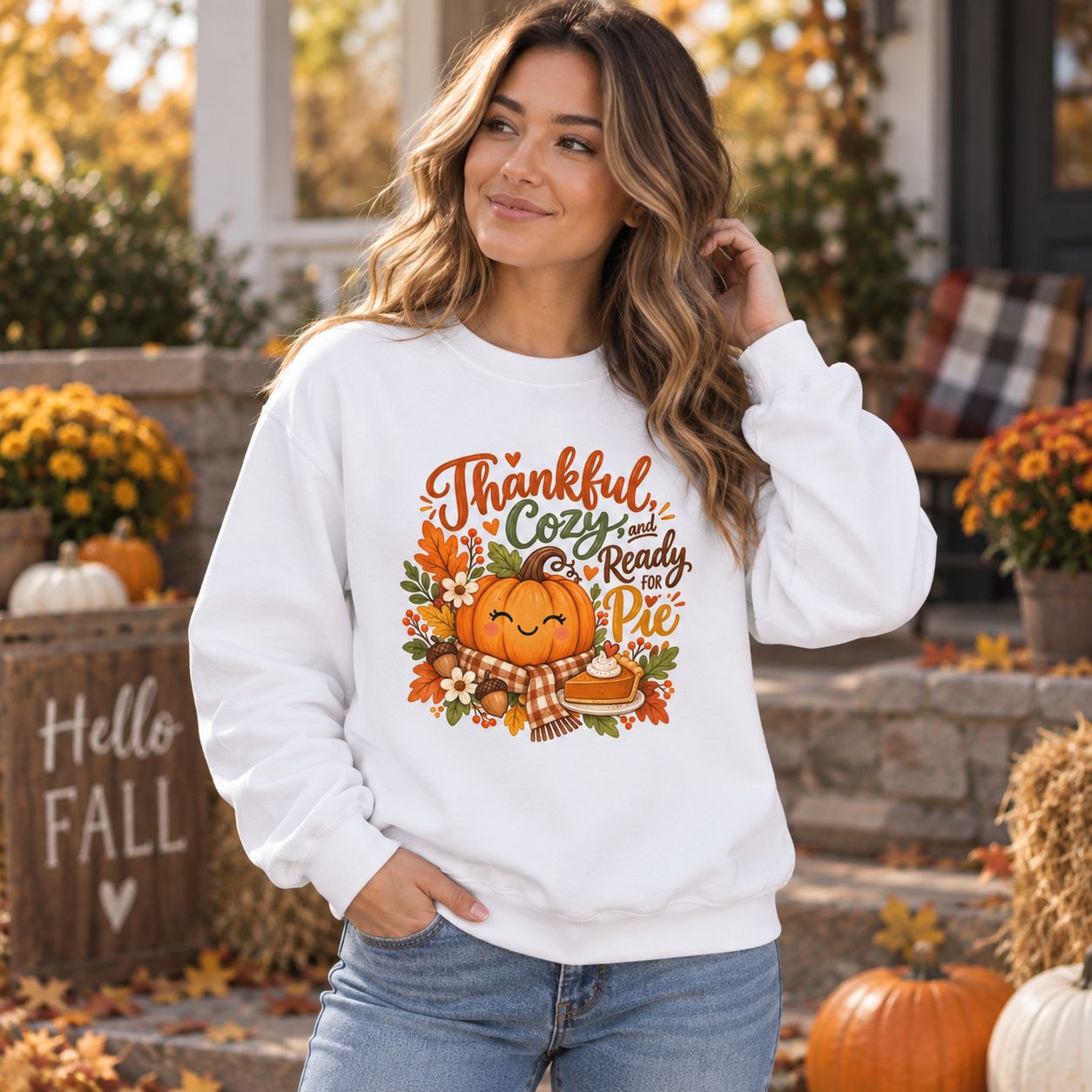 Woman wearing white Thankful Cozy and Ready for Pie sweatshirt with cute pumpkin design in an outdoor autumn setting
