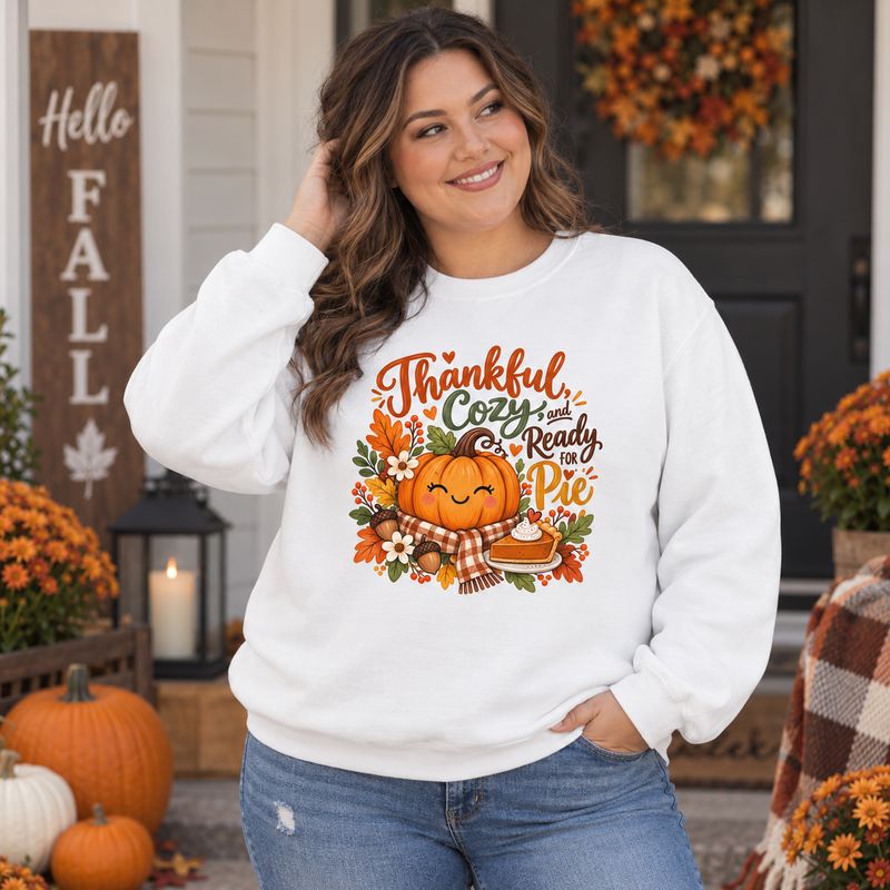 Plus size woman wearing white Thanksgiving sweatshirt with smiling pumpkin, fall leaves and pumpkin pie graphic on a fall por