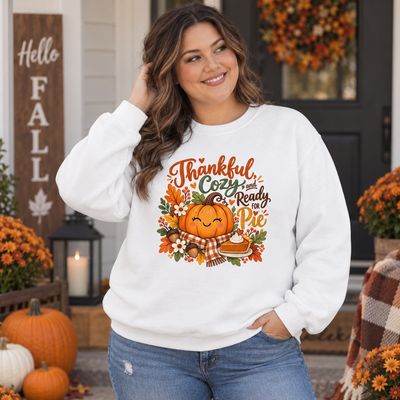 Plus size woman wearing white Thanksgiving sweatshirt with smiling pumpkin, fall leaves and pumpkin pie graphic on a fall por
