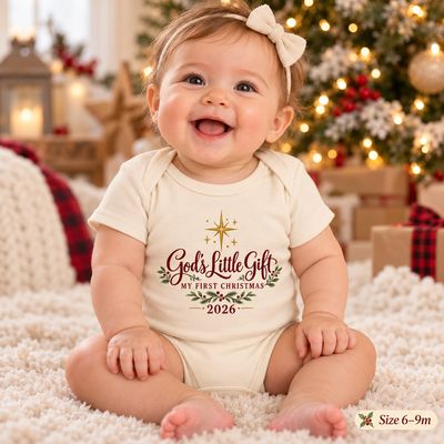 Smiling baby girl sitting beside a Christmas tree wearing an organic natural cotton bodysuit featuring God's Little Gift, My 
