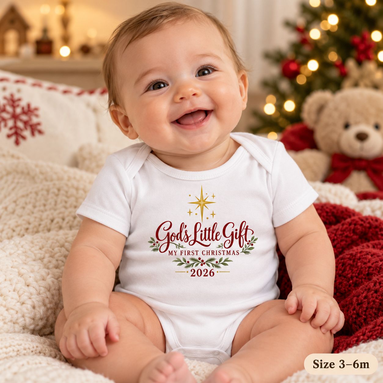 Happy baby wearing a white organic cotton Baby's First Christmas 2026 bodysuit with God's Little Gift design, sitting near fe
