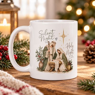 White 11 oz Silent Night Holy Night ceramic Christmas mug featuring Mary, Joseph, and baby Jesus in a Nativity scene, display