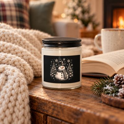 9 oz Snowman Christmas soy candle with black lid displayed on a rustic wooden table beside a cozy knit blanket, open book, an