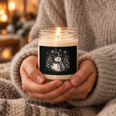 Person wearing a cozy beige sweater holding a lit 9 oz Snowman Christmas soy candle featuring a festive snowman, snowy evergr
