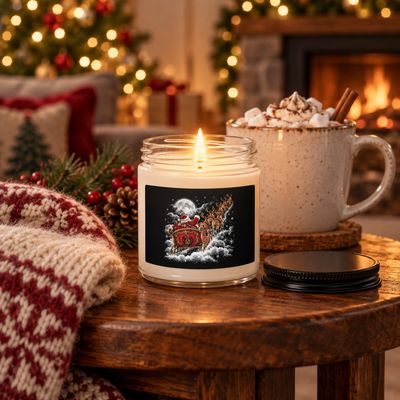 9 oz Santa Sleigh Christmas soy candle burning beside hot cocoa, a cozy knitted blanket, and a glowing fireplace in a festive