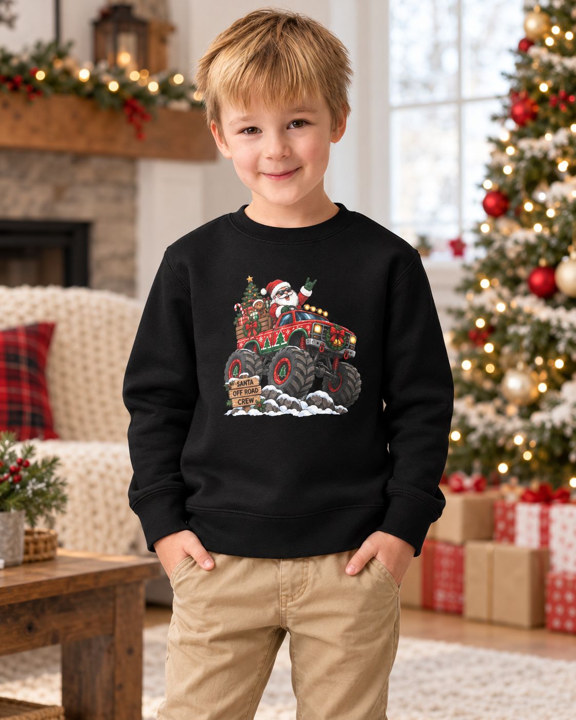 Young boy wearing a black Santa Off Road Crew Christmas sweatshirt featuring Santa driving a festive red monster truck, stand