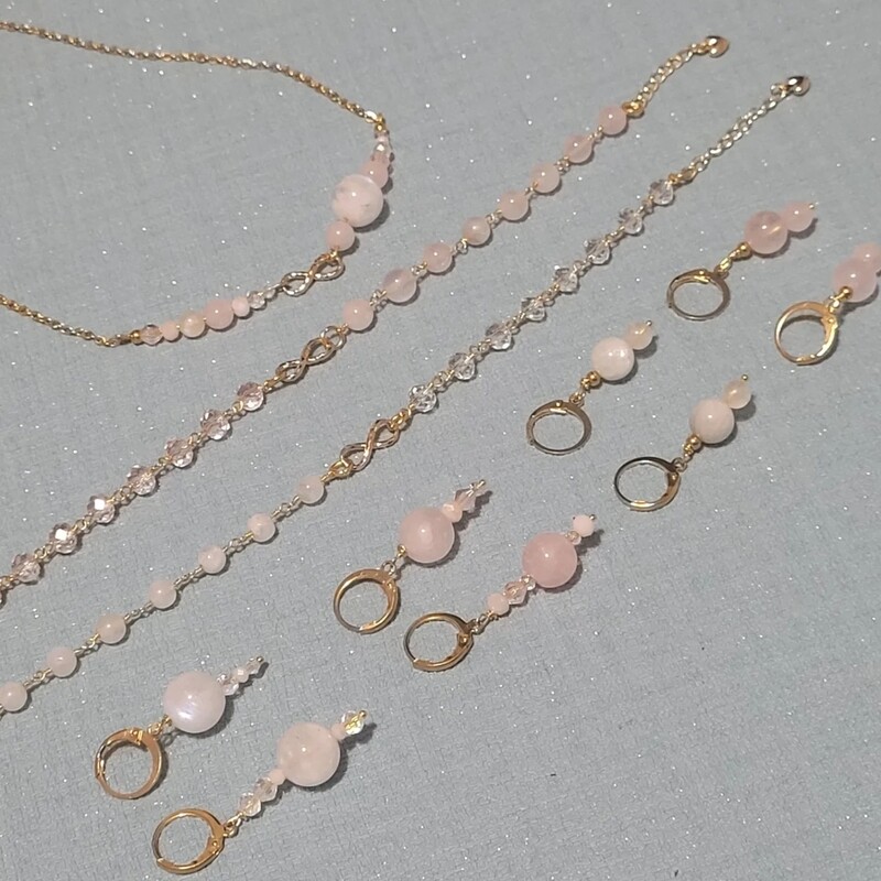 parure plaqué or pierre de lune quartz rose asymétrique 
