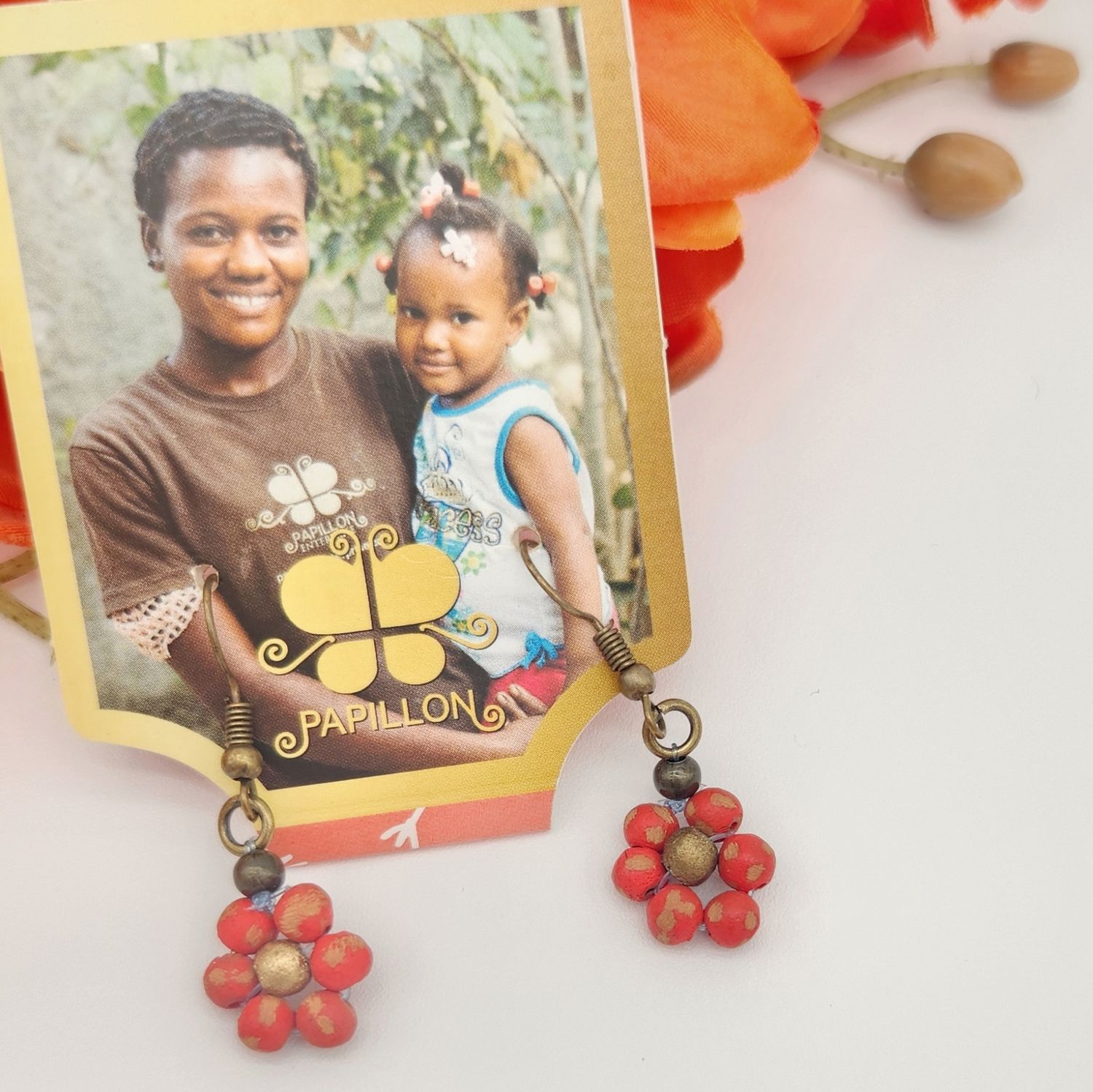 Red &amp; Gold Daisy Ceramic Bead Earrings