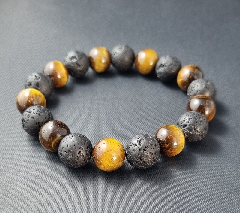 Yellow Tiger Eye and Black Lava Stretch Bracelet