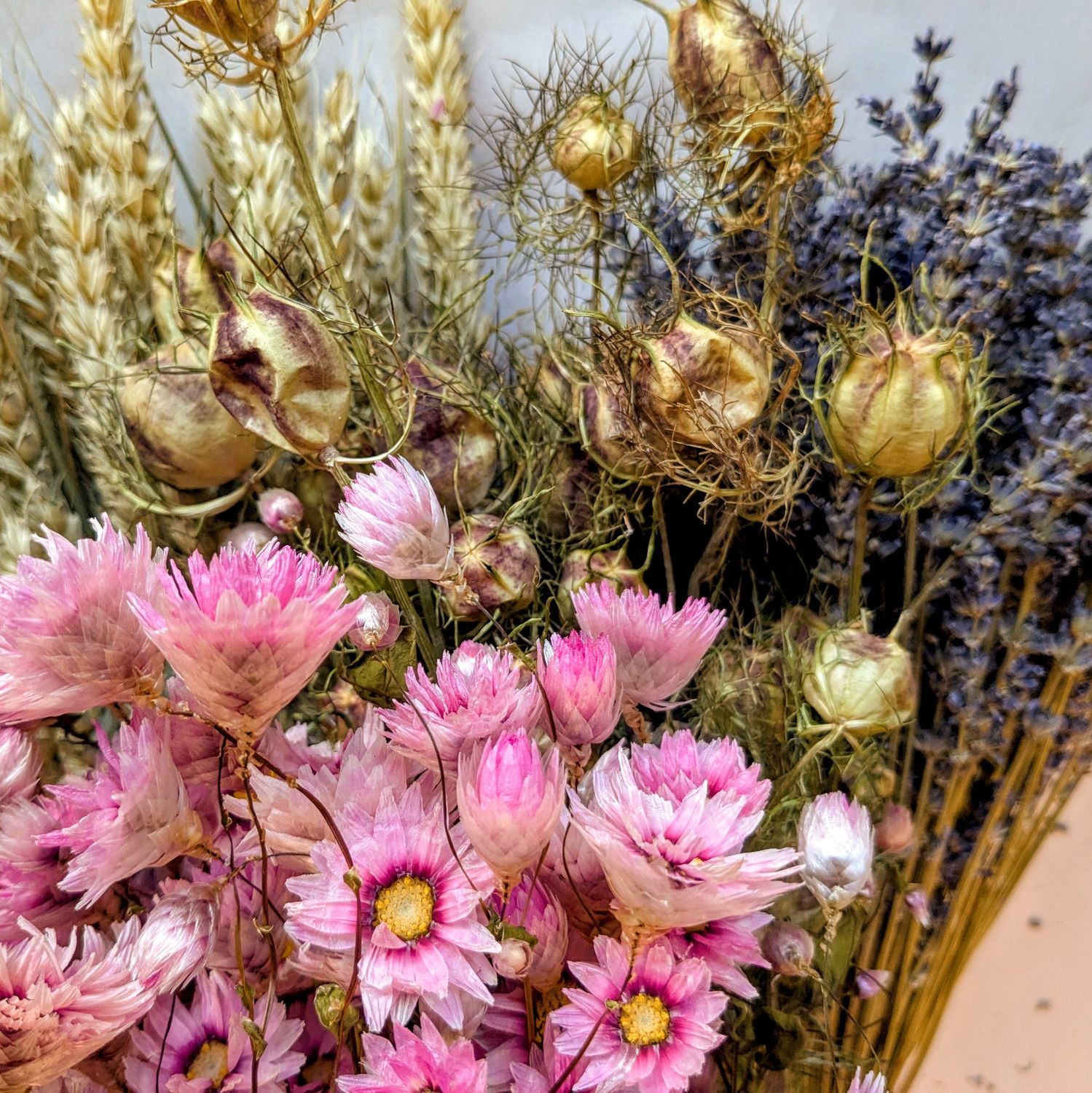 four dried flower bunches offer