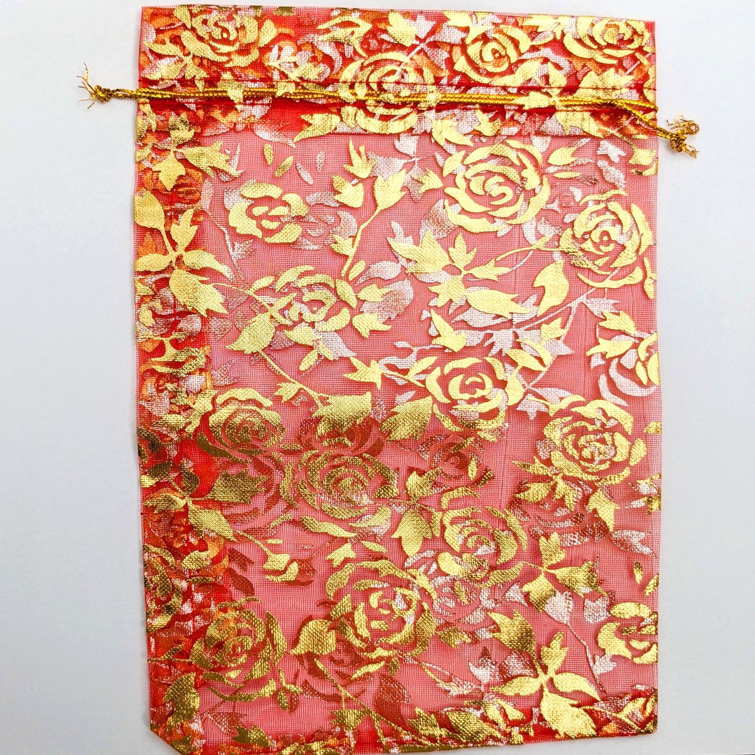Organza bag red with gold rose print