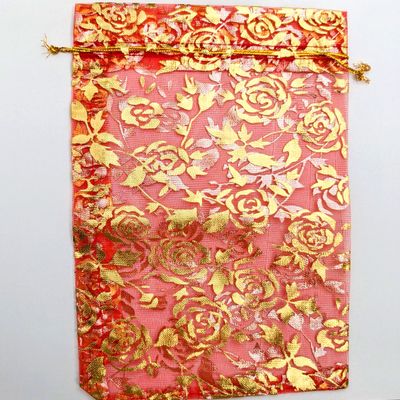 Organza bag red with gold rose print
