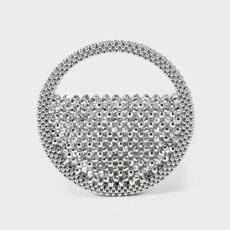 Borsa a mano con perline manico rigido rotonda Argento - Label Rose