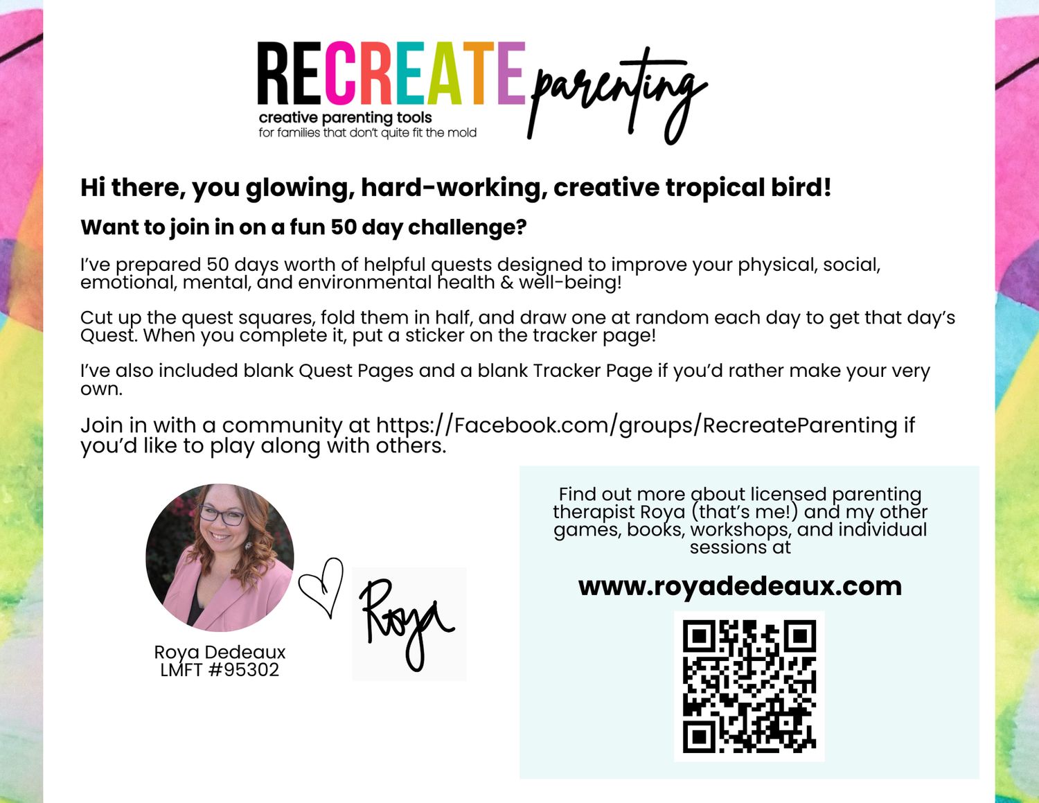 PRINTABLE 50 Day Recreate Parenting Daily Challenge Game & Tracker