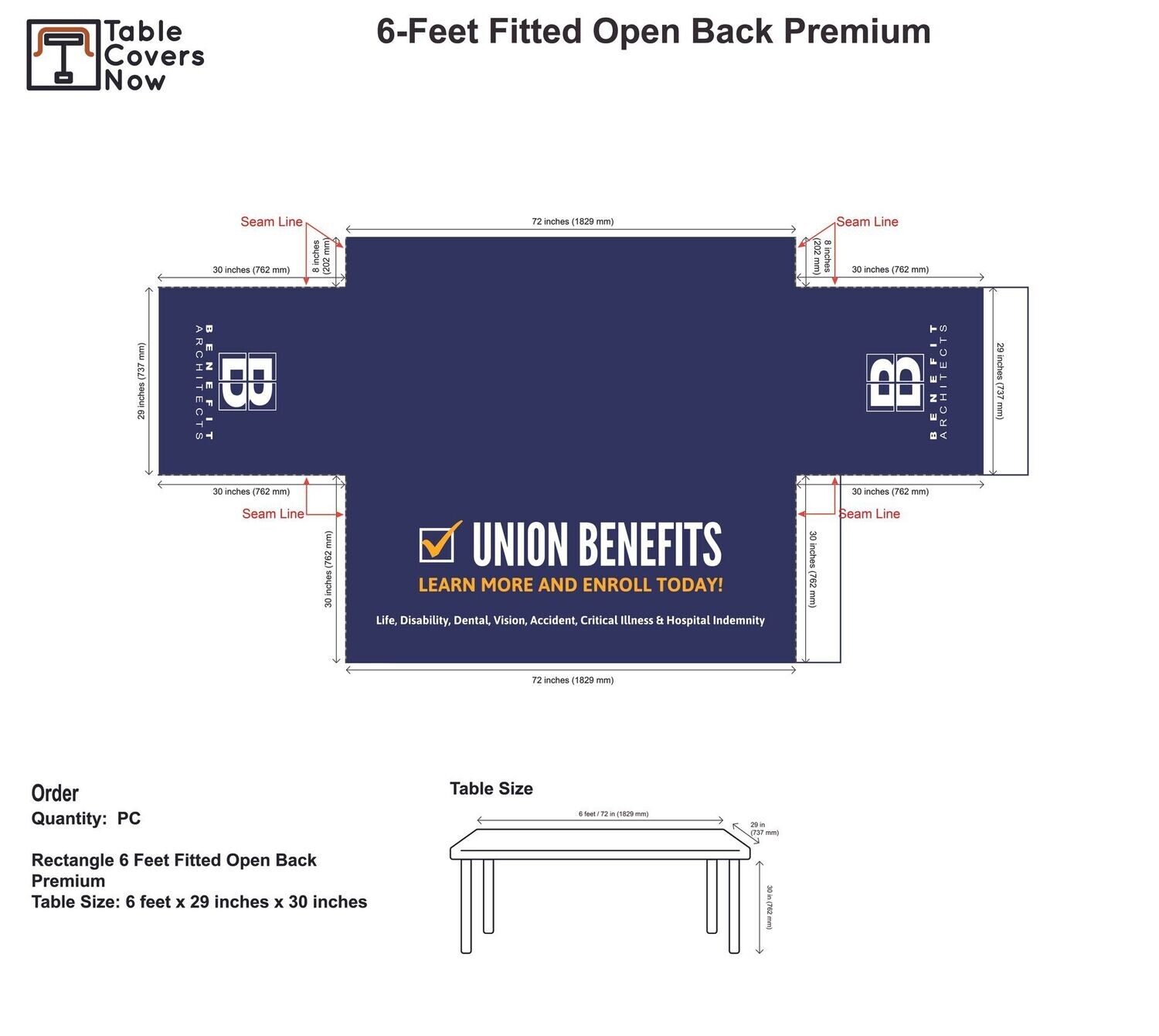 Union Benefits Table Cover (6-Feet Fitted Open Back)