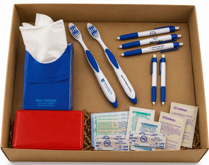 1 Box of Trinkets (pens, first aid kits, toothbrushes, etc.)