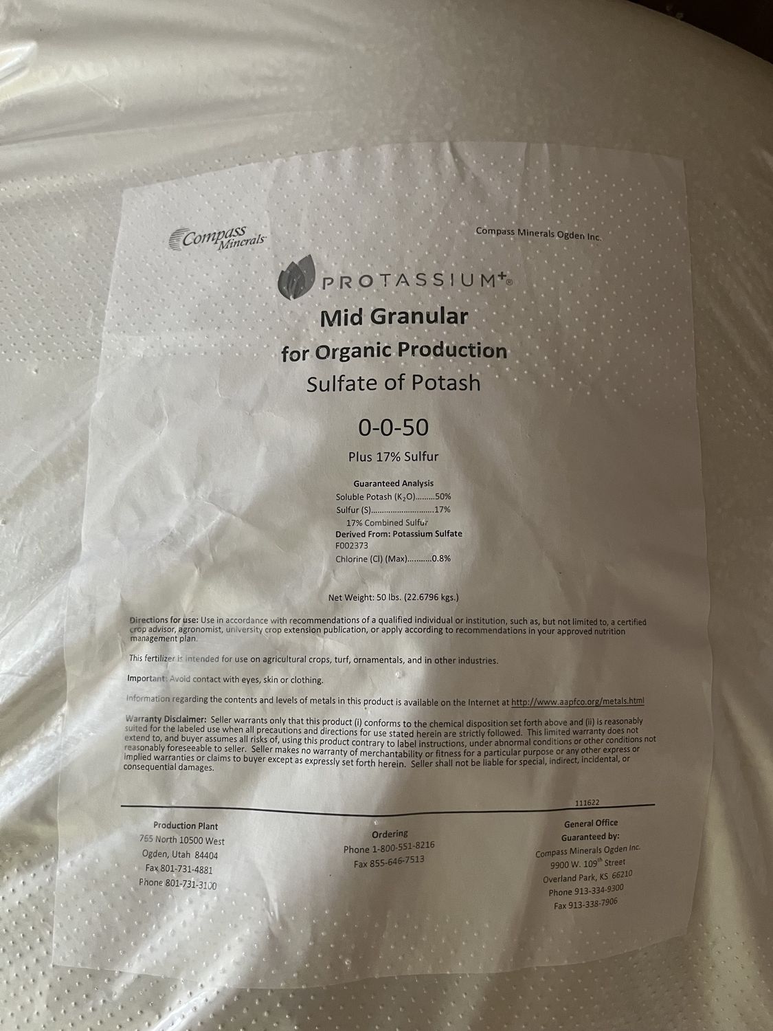 Sulfate of Potash 0-0-50 (Granular) 50LB Bag