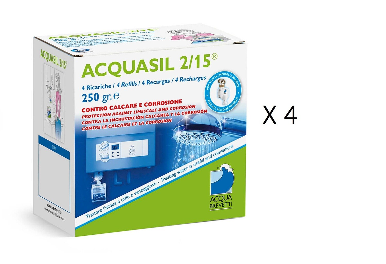 4 CONFEZIONI - Liquido Acquabrevetti ACQUASIL 2/15 in sacche da 250 gr cadauna (4 sacche per box) per pompe dosatrici MiniDUE (totale 16 sacchette)