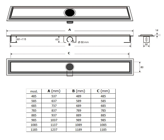 Canaletta Inox Lucido mm 1085 per scarico doccia a pavimento