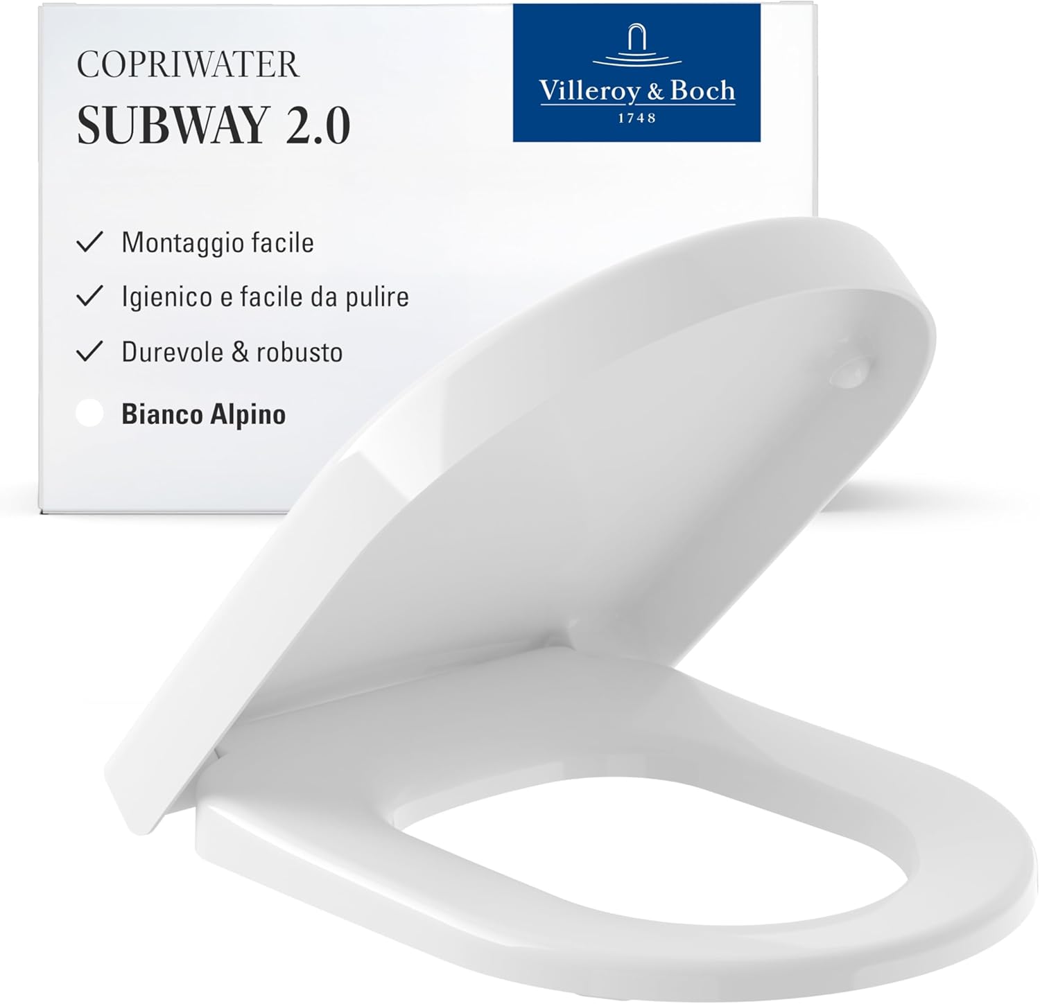 Villeroy & Boch Subway 2.0 sedile per WC, coperchio con larghezza comfort, sedile per WC removibile in materiale duroplast resistente, pezzo di ricambio originale, forma a D, bianco, lucido