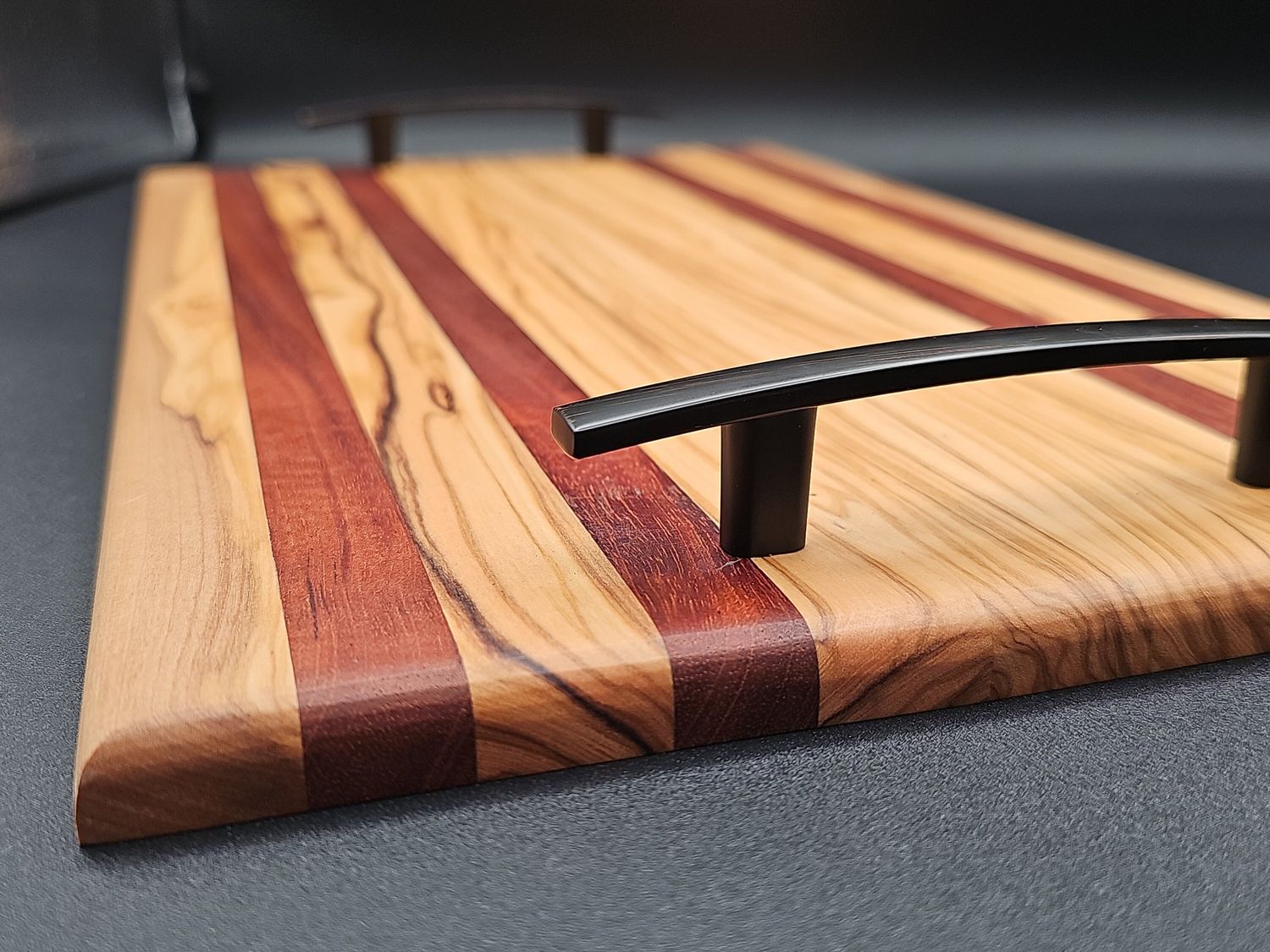 Olivewood and Mahogany Edge Grain Charcuterie Board - 10&quot;x16&quot; with Curved Bronze Handles